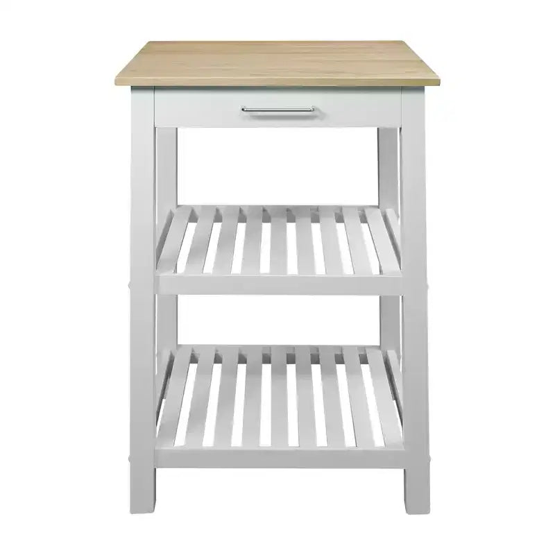 Isola Cucina Sunrise con Piano in Legno Massello Chiaro Bianco/Naturale - Flora Home: Cassetto Scorrevole, Portasciugamani, 2 Ripiani