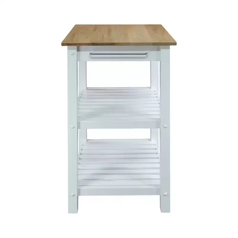 Isola Cucina Sunrise con Piano in Legno Massello Chiaro Bianco/Naturale - Flora Home: Cassetto Scorrevole, Portasciugamani, 2 Ripiani