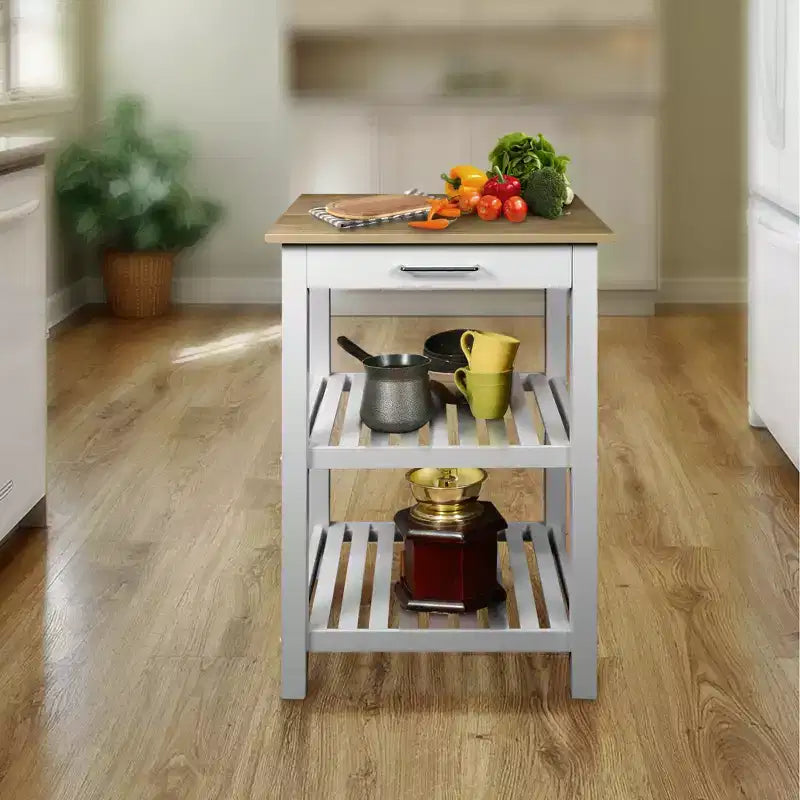 Isola Cucina Sunrise con Piano in Legno Massello Chiaro Bianco/Naturale - Flora Home: Cassetto Scorrevole, Portasciugamani, 2 Ripiani