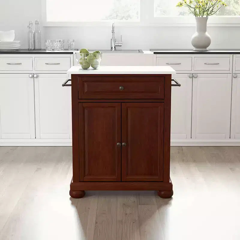 Alexandria Isola/Carrello da cucina portatile con piano in pietra mogano/bianco - Crosley: telaio in MDF, superficie in pietra, portasciugamani, 2 ante