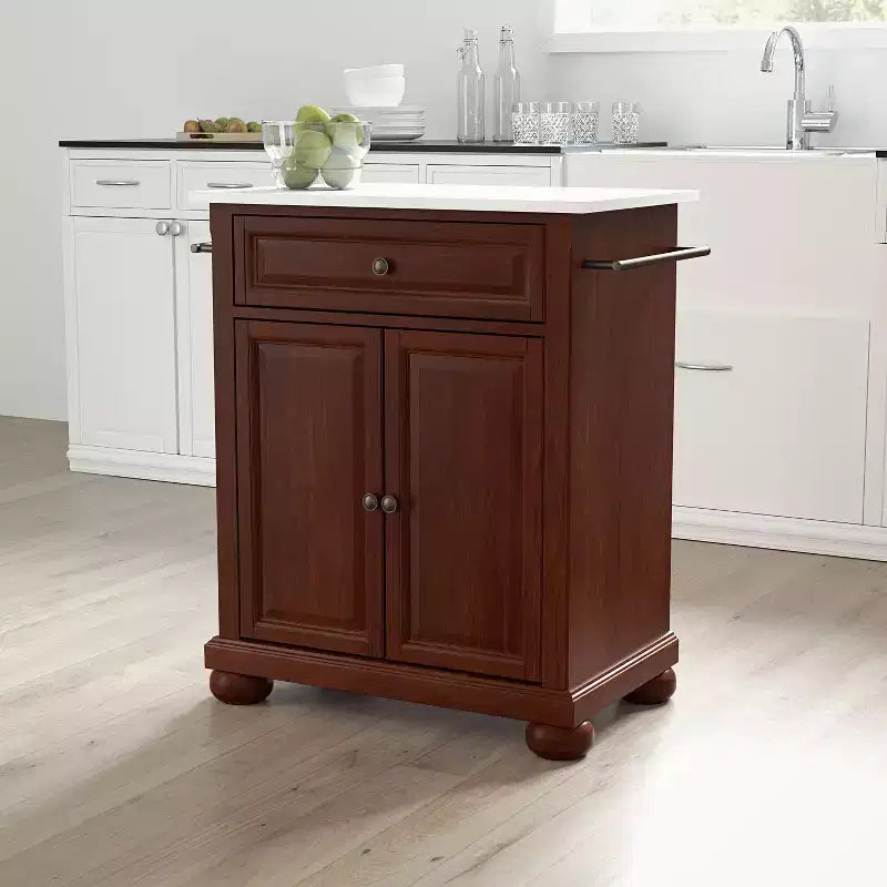 Alexandria Isola/Carrello da cucina portatile con piano in pietra mogano/bianco - Crosley: telaio in MDF, superficie in pietra, portasciugamani, 2 ante
