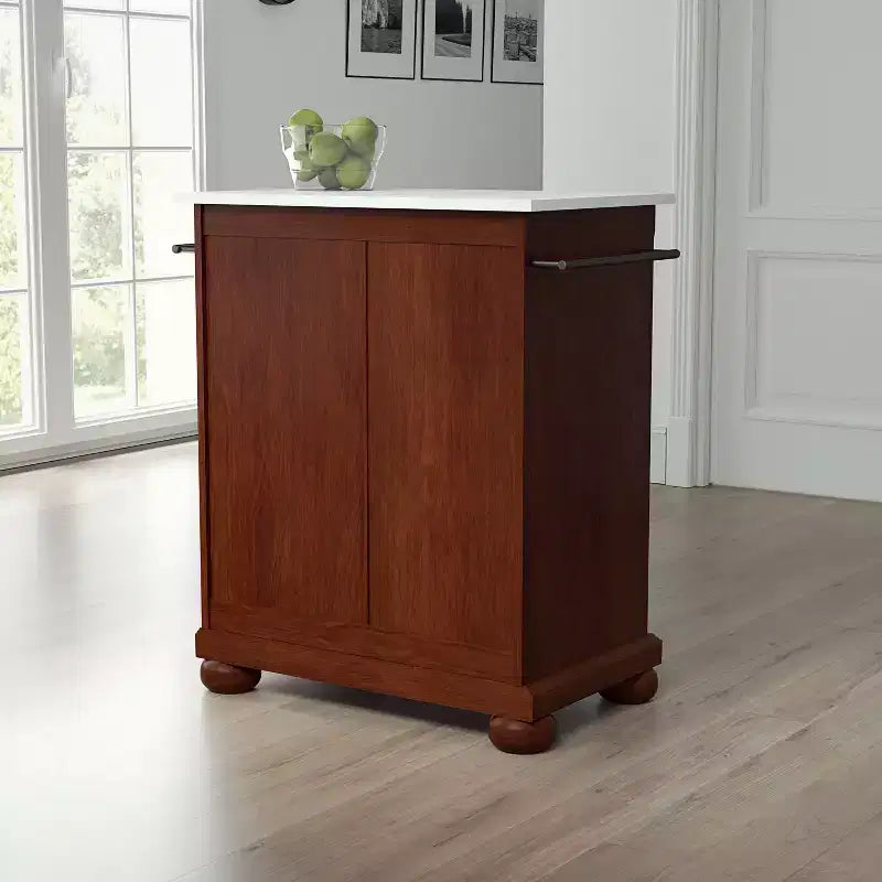 Alexandria Isola/Carrello da cucina portatile con piano in pietra mogano/bianco - Crosley: telaio in MDF, superficie in pietra, portasciugamani, 2 ante