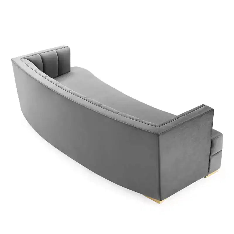 Divano curvo Modway Encompass con canali in velluto ad alte prestazioni color grigio: eleganza Glam Deco, gambe in acciaio inossidabile dorato
