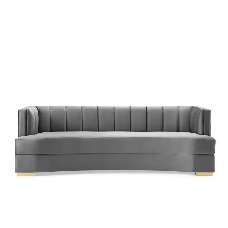Divano curvo Modway Encompass con canali in velluto ad alte prestazioni color grigio: eleganza Glam Deco, gambe in acciaio inossidabile dorato