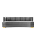 Divano curvo Modway Encompass con canali in velluto ad alte prestazioni color grigio: eleganza Glam Deco, gambe in acciaio inossidabile dorato
