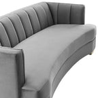 Divano curvo Modway Encompass con canali in velluto ad alte prestazioni color grigio: eleganza Glam Deco, gambe in acciaio inossidabile dorato