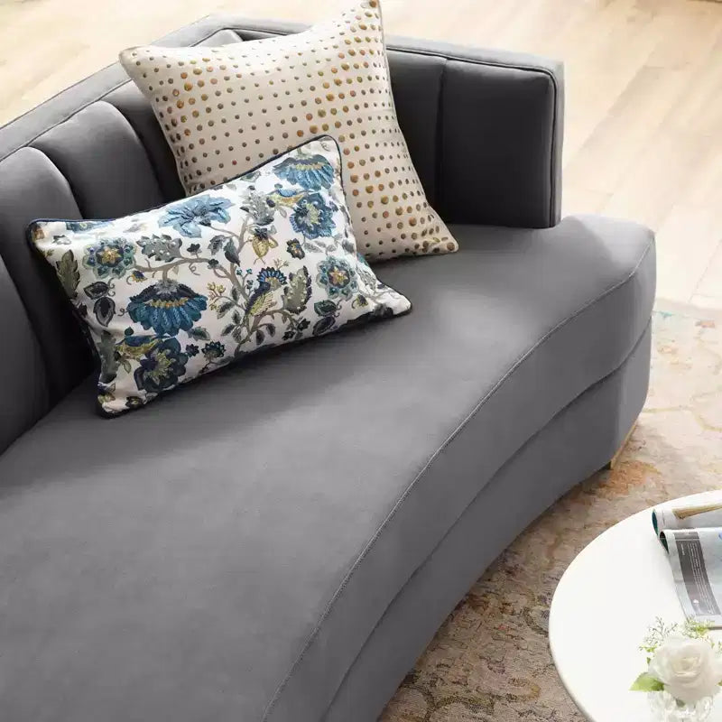 Divano curvo Modway Encompass con canali in velluto ad alte prestazioni color grigio: eleganza Glam Deco, gambe in acciaio inossidabile dorato