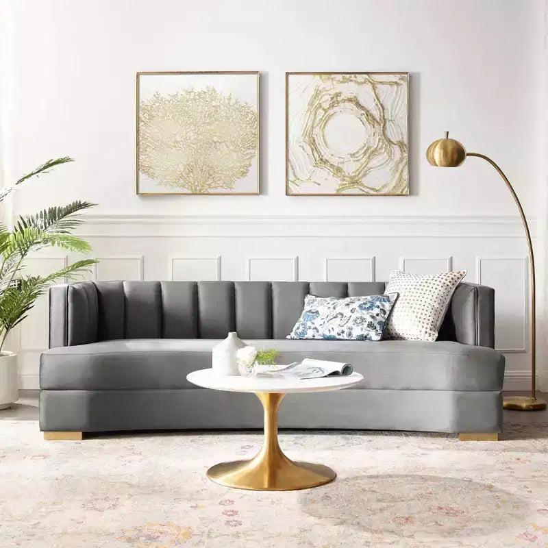 Divano curvo Modway Encompass con canali in velluto ad alte prestazioni color grigio: eleganza Glam Deco, gambe in acciaio inossidabile dorato