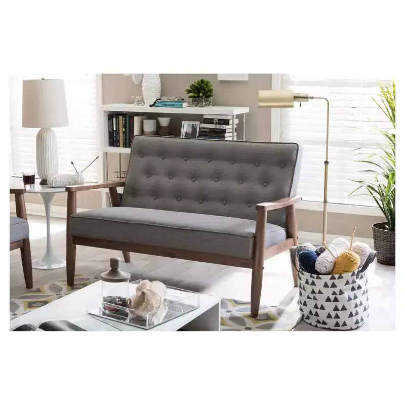 Sorrento Poltrona per due Retrò Moderna di Metà Secolo Rivestita in Tessuto Grigio con Struttura in Legno - Baxton Studio: Design Danese, Struttura in Legno di Gomma