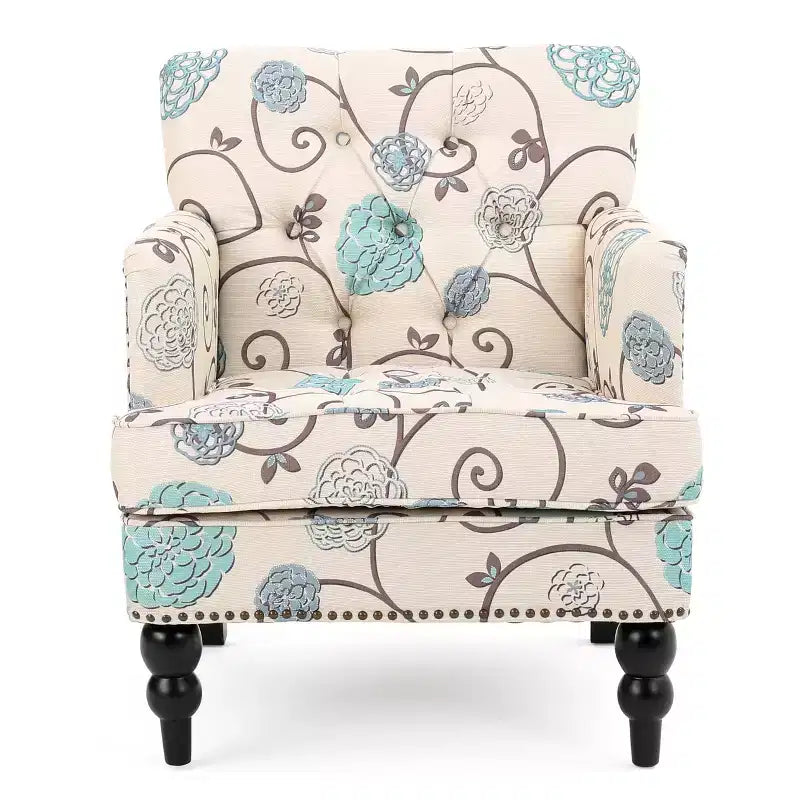 Christopher Knight Home Harrison Poltrona con Bottoni - Bianco/Blu: Tessuto d'arredo, Fantasia floreale, Struttura in legno massiccio