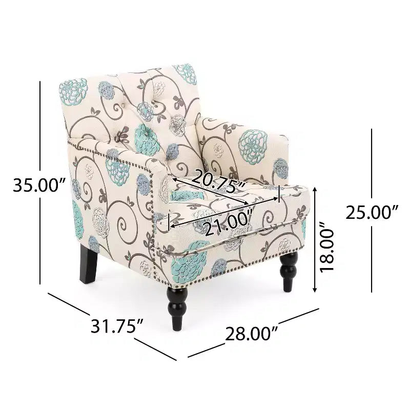 Christopher Knight Home Harrison Poltrona con Bottoni - Bianco/Blu: Tessuto d'arredo, Fantasia floreale, Struttura in legno massiccio