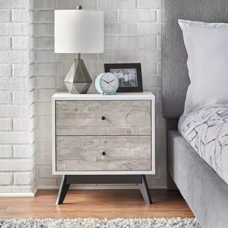 Buylateral Crislana Comodino con 2 cassetti in stile Mid-Century, bianco/grigio anticato