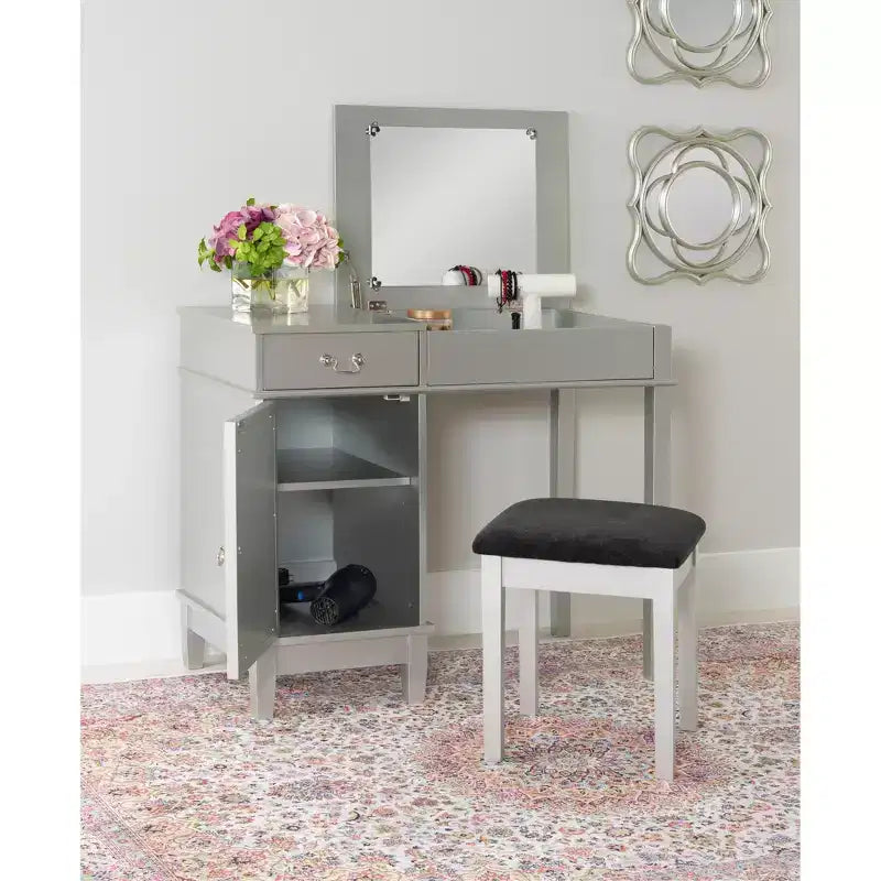 Mobiletto con specchio a ribalta Glam, 1 anta, 1 cassetto, specchio e legno, con sgabello, motivo a traliccio argentato - Linon