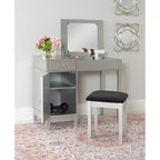 Mobiletto con specchio a ribalta Glam, 1 anta, 1 cassetto, specchio e legno, con sgabello, motivo a traliccio argentato - Linon