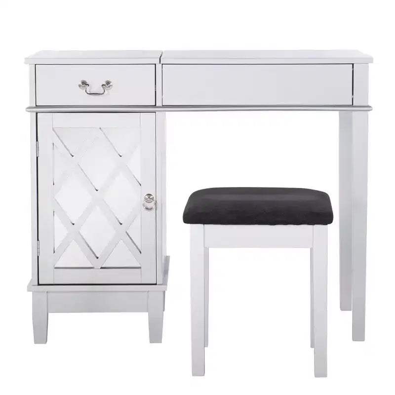Mobiletto con specchio a ribalta Glam, 1 anta, 1 cassetto, specchio e legno, con sgabello, motivo a traliccio argentato - Linon