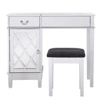 Mobiletto con specchio a ribalta Glam, 1 anta, 1 cassetto, specchio e legno, con sgabello, motivo a traliccio argentato - Linon
