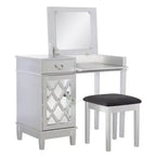 Mobiletto con specchio a ribalta Glam, 1 anta, 1 cassetto, specchio e legno, con sgabello, motivo a traliccio argentato - Linon