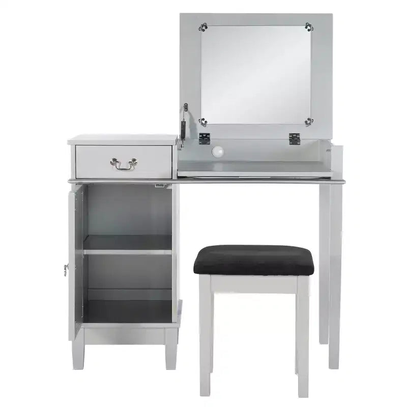 Mobiletto con specchio a ribalta Glam, 1 anta, 1 cassetto, specchio e legno, con sgabello, motivo a traliccio argentato - Linon
