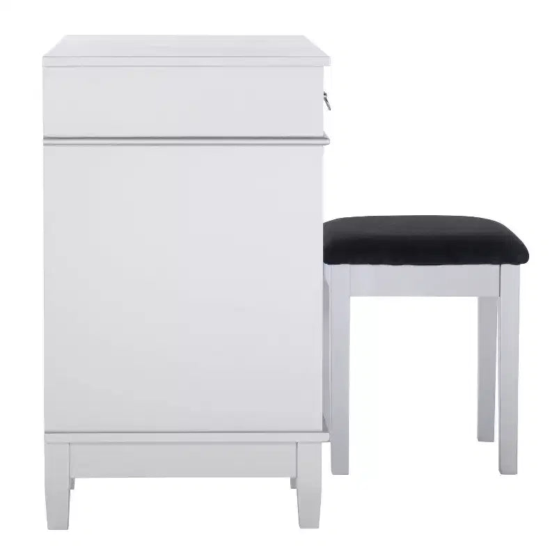 Mobiletto con specchio a ribalta Glam, 1 anta, 1 cassetto, specchio e legno, con sgabello, motivo a traliccio argentato - Linon