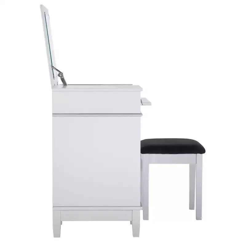 Mobiletto con specchio a ribalta Glam, 1 anta, 1 cassetto, specchio e legno, con sgabello, motivo a traliccio argentato - Linon