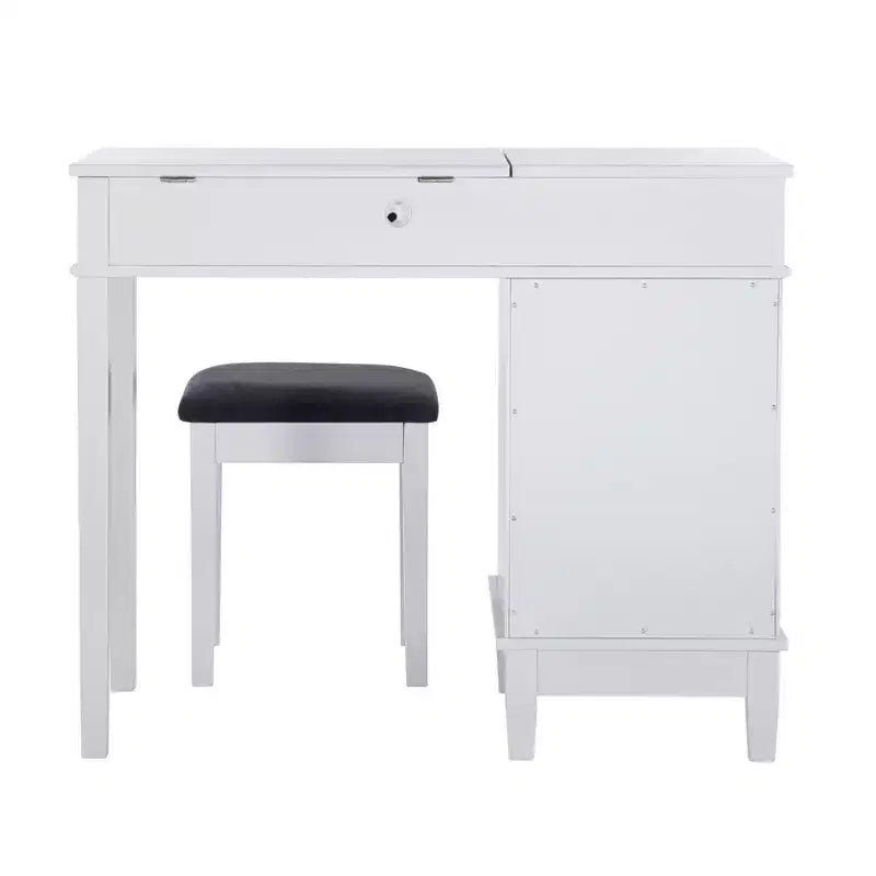 Mobiletto con specchio a ribalta Glam, 1 anta, 1 cassetto, specchio e legno, con sgabello, motivo a traliccio argentato - Linon
