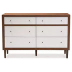 Cassettiera Harlow Mid-Century Modern Scandinava in Legno a 6 Cassetti, Bianco/Noce - Baxton Studio: Gambe in Legno di Gomma, Design Svasato