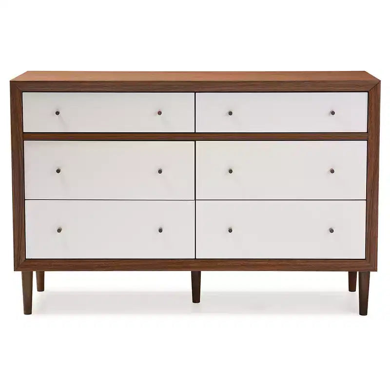 Cassettiera Harlow Mid-Century Modern Scandinava in Legno a 6 Cassetti, Bianco/Noce - Baxton Studio: Gambe in Legno di Gomma, Design Svasato
