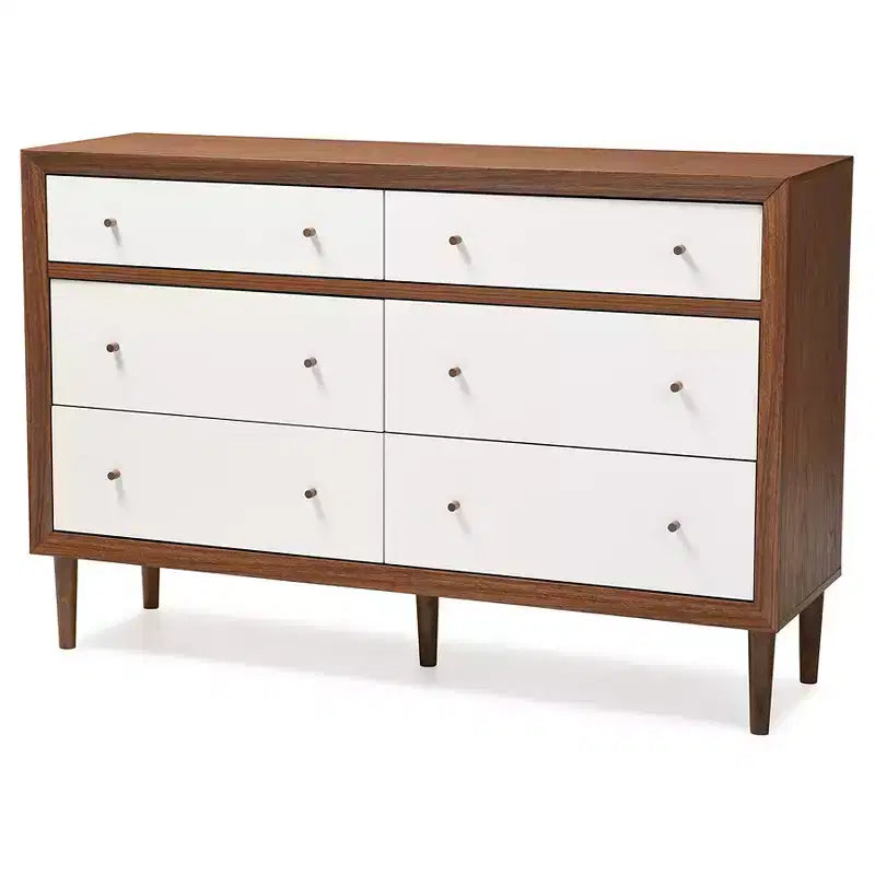 Cassettiera Harlow Mid-Century Modern Scandinava in Legno a 6 Cassetti, Bianco/Noce - Baxton Studio: Gambe in Legno di Gomma, Design Svasato