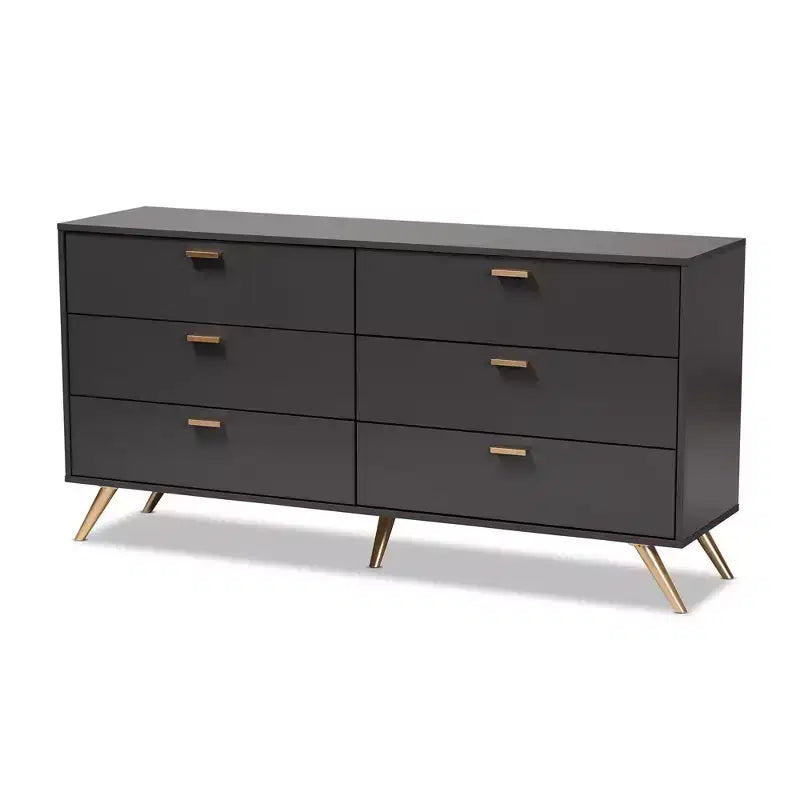 Kelson Wood Cassettiera a 6 Cassetti Grigio Scuro/Oro - Baxton Studio: Mobili Moderni Contenitori per Camera da Letto
