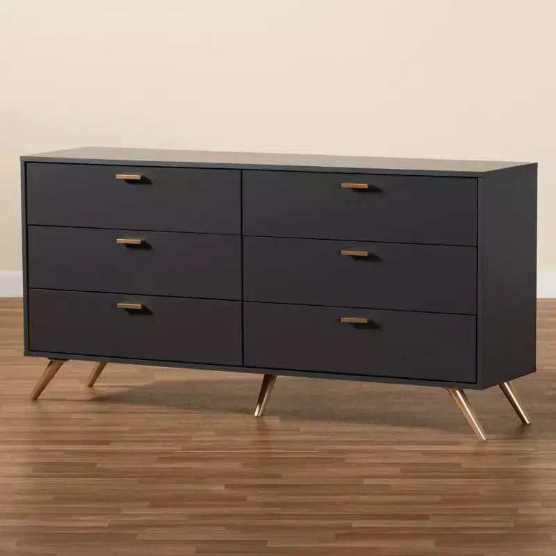 Kelson Wood Cassettiera a 6 Cassetti Grigio Scuro/Oro - Baxton Studio: Mobili Moderni Contenitori per Camera da Letto