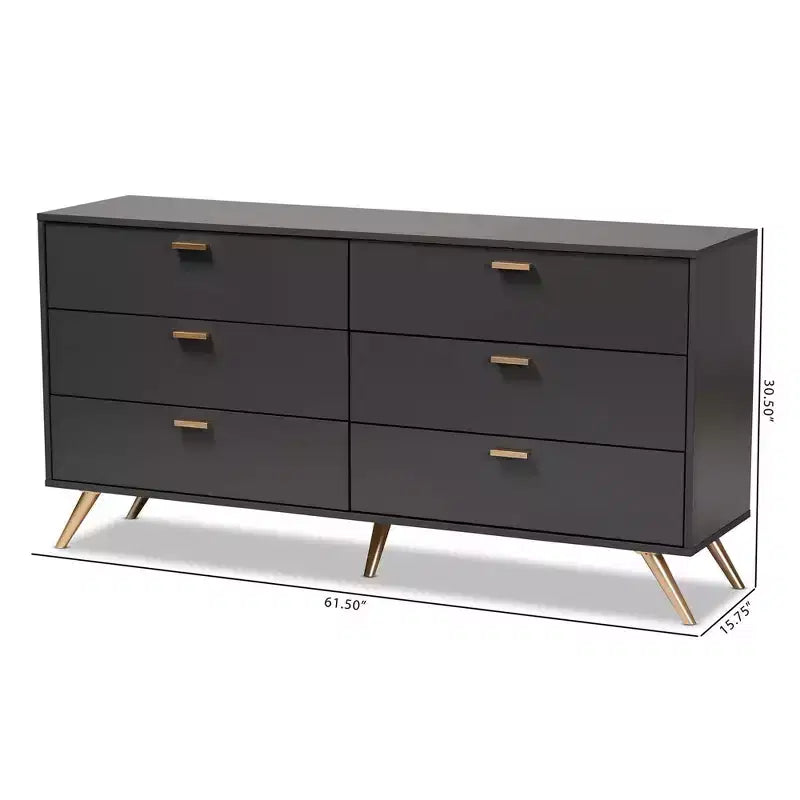Kelson Wood Cassettiera a 6 Cassetti Grigio Scuro/Oro - Baxton Studio: Mobili Moderni Contenitori per Camera da Letto