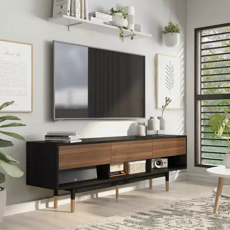 24/7 Shop At Home Vanore Mobile TV a 3 cassetti stile Mid-Century per TV fino a 80" Nero: Mobile TV con ripiani aperti