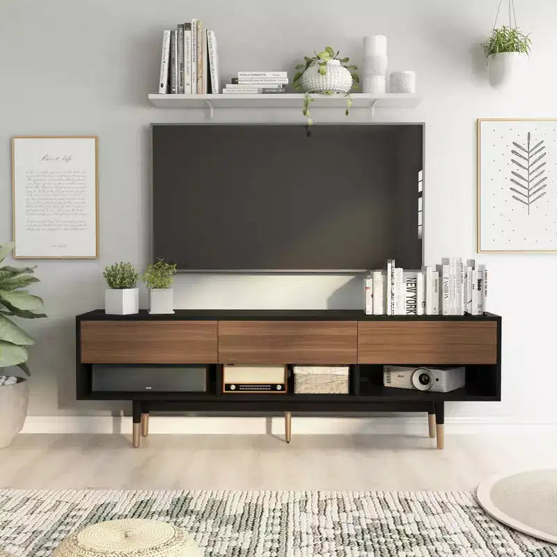 24/7 Shop At Home Vanore Mobile TV a 3 cassetti stile Mid-Century per TV fino a 80" Nero: Mobile TV con ripiani aperti