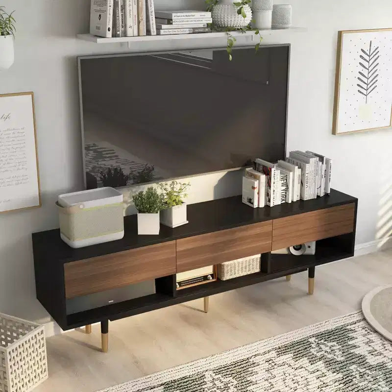 24/7 Shop At Home Vanore Mobile TV a 3 cassetti stile Mid-Century per TV fino a 80" Nero: Mobile TV con ripiani aperti