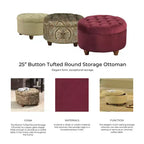 Pouf rotondo con contenitore trapuntato a bottoni fantasia Paisley marrone - HomePop