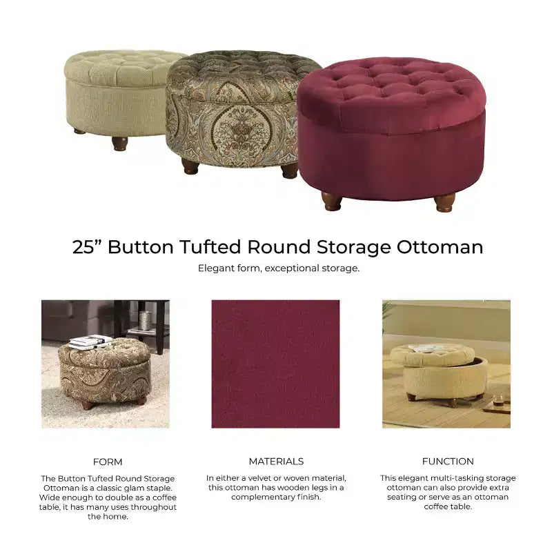 Pouf rotondo con contenitore trapuntato a bottoni fantasia Paisley marrone - HomePop