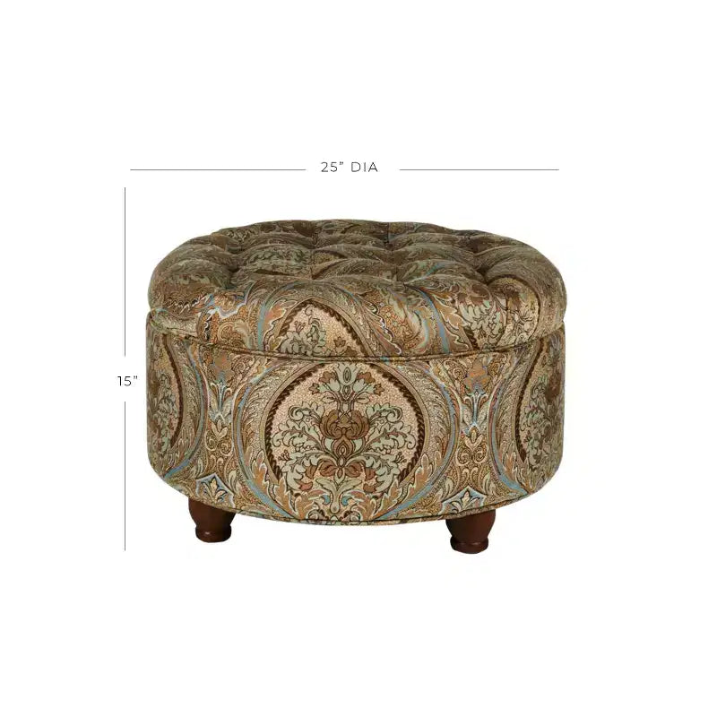 Pouf rotondo con contenitore trapuntato a bottoni fantasia Paisley marrone - HomePop