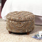 Pouf rotondo con contenitore trapuntato a bottoni fantasia Paisley marrone - HomePop