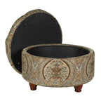 Pouf rotondo con contenitore trapuntato a bottoni fantasia Paisley marrone - HomePop
