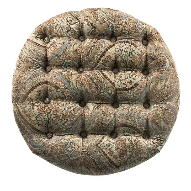 Pouf rotondo con contenitore trapuntato a bottoni fantasia Paisley marrone - HomePop