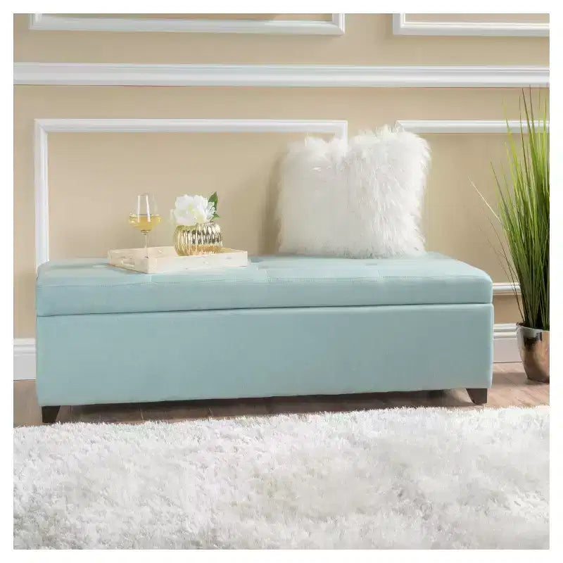 Panca pouf contenitore in tessuto London - Azzurro: Christopher Knight Home con coperchio trapuntato, accessorio da camera da letto