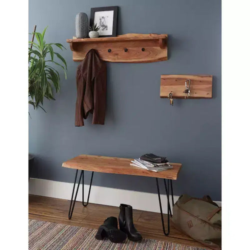 Panca contenitore in legno massello con gambe a forcina da 91 cm e set di mensole con ganci appendiabiti - Naturale - Alaterre Furniture