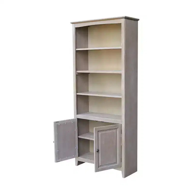 International Concepts Libreria Shaker da 72" con due ante inferiori Grigio Lavato: Legno massello di Paratree, design Mid-Century, ripiani regolabili
