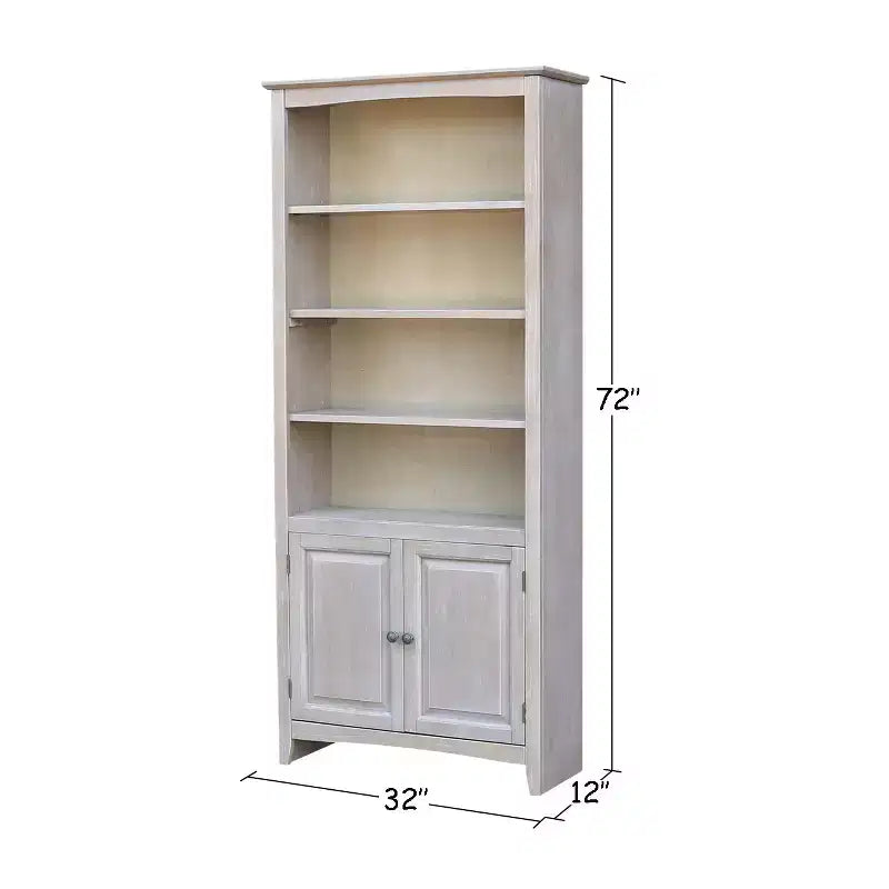 International Concepts Libreria Shaker da 72" con due ante inferiori Grigio Lavato: Legno massello di Paratree, design Mid-Century, ripiani regolabili