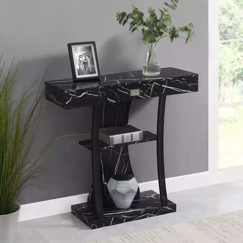 Tavolo Consolle Harri con 1 Cassetto e Mensole Breighton Home Newport in Finto Marmo Nero