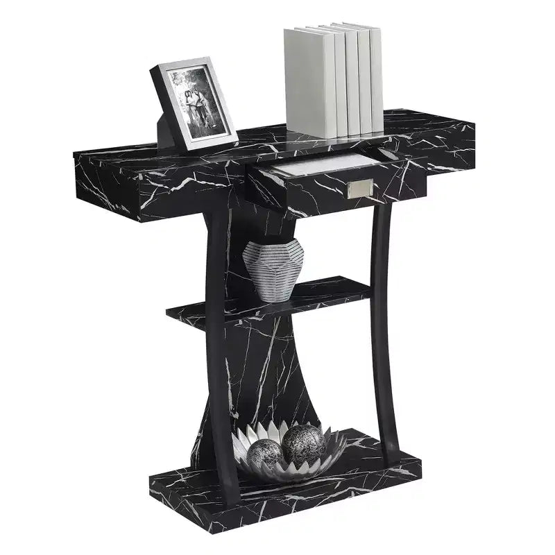Tavolo Consolle Harri con 1 Cassetto e Mensole Breighton Home Newport in Finto Marmo Nero