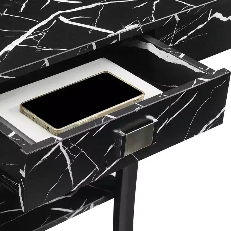 Tavolo Consolle Harri con 1 Cassetto e Mensole Breighton Home Newport in Finto Marmo Nero