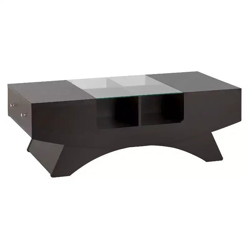HOMES: Inside + Out Kasha Multi-storage Coffee Table Walnut: Modern Cocktail Table with Tempered Glass Top