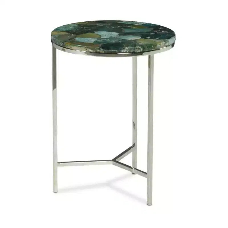 Tavolino rotondo Foster Agate Top Emerald Green - Steve Silver Co.: Base cromata, pietra color spa, lusso moderno