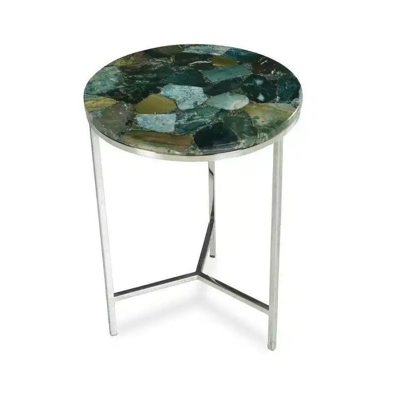 Tavolino rotondo Foster Agate Top Emerald Green - Steve Silver Co.: Base cromata, pietra color spa, lusso moderno